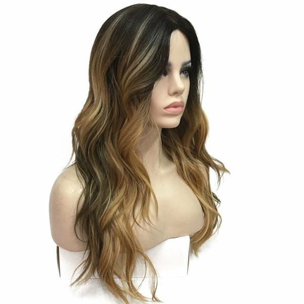 Long Brown Ombre Wig Two Tone Black Brown Wavy Wig Synthetic Hair Wig Full Wig