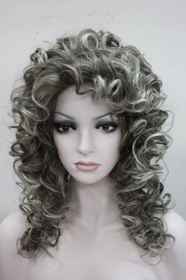 charming beautiful new Hot selL brown root mix with gray tip curly women' 50cm long wig synthetic hair