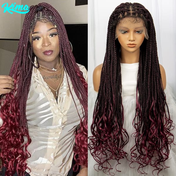 Kima Burgundy Synthetic Cornrows Box Braided Wigs 9x6 Lace Front Wigs Curly Crochet Braids With Baby Hair for Black Women