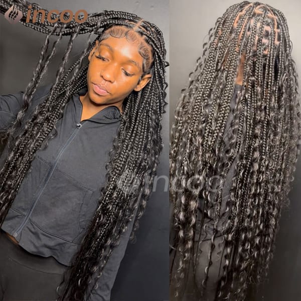 32" Boho Jumbo Box Braided Wigs Synthetic Full Lace Front Wigs Bohemian Braided Wigs Blonde Goddess Locs Wigs With Curly Hair