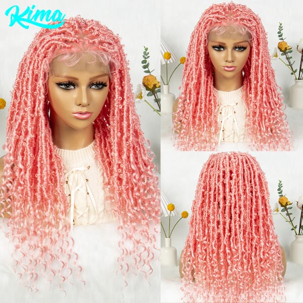 KIMA Synthetic Butterfly Twist Box Braided Wig Swiss Full Lace Wig Pink Locs Cosplay Wigs with Baby Hair for Black Women