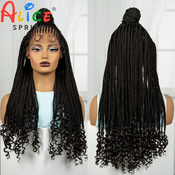 Synthetic 26 inches Lace Front Updo Braided Wigs With Curly Ends 13x4 Cornrow Braiding Hair Wigs with Baby Hair for Black Women