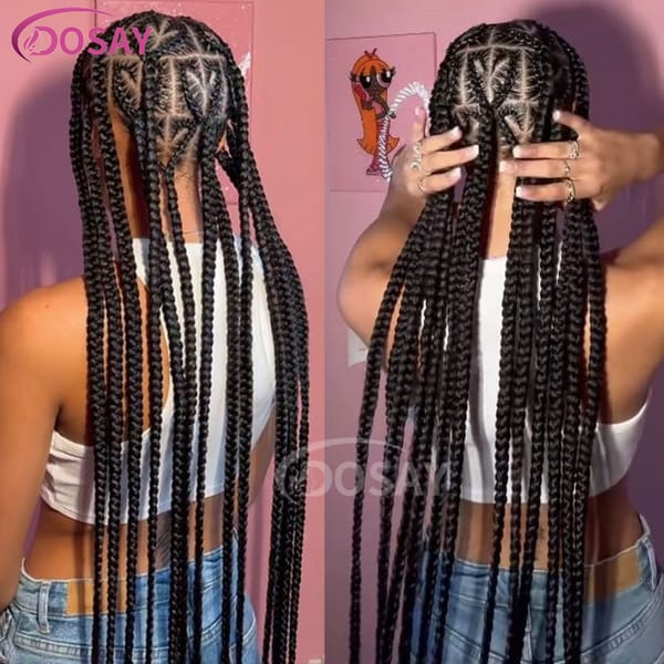 African American Synthetic Heart Shaped Knotless Braid Wigs With Baby Hair Full Lace Frontal 36" Black Knotless Box Braids Wigs