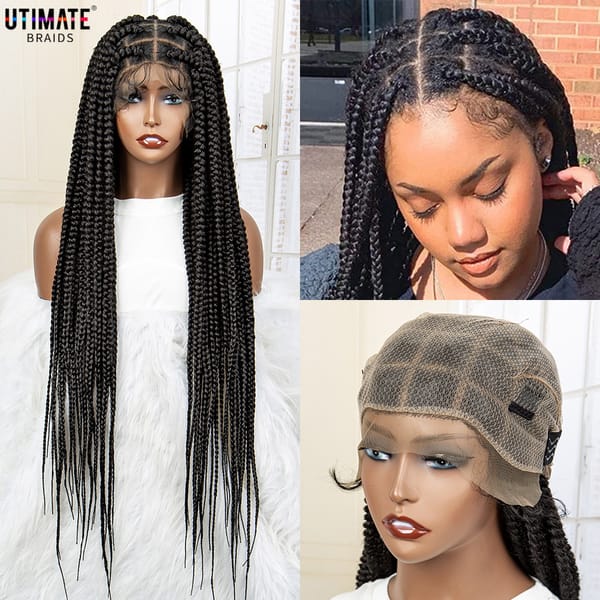 Synthetic Full Lace Cornrow Box Braided Wigs with Baby Hair Wigs for Black Women Lace Frontal Square Knotless Braiding Wigs