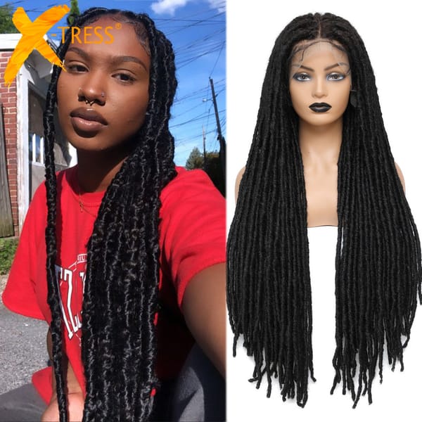 Full Lace Front Synthetic Braided Wigs For Black Women X-TRESS Straight Faux Locs Braids Wig With Baby Hair Crochet Dreadlocks