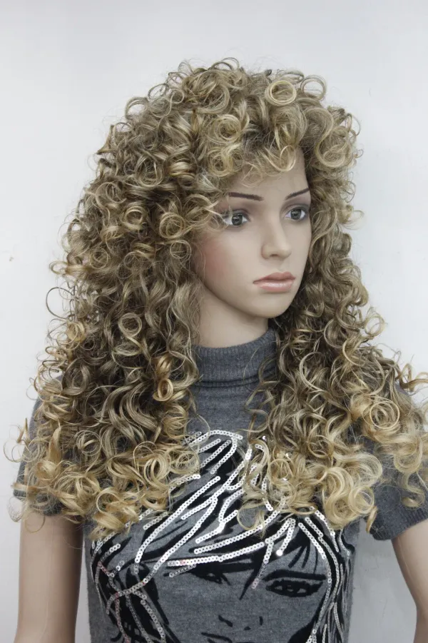 new fashion sexy curly 22" long  mix blonde brown golden loose curly synthetic hair wig