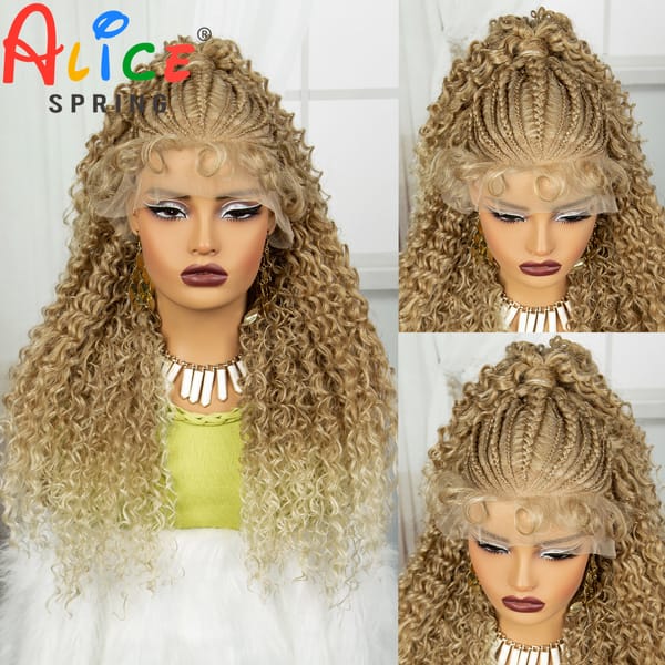 Blonde 24 Inch Synthetic Hair Wigs Transparent 13x6 Lace Frontal Braided Wigs Curly Cornrow Braids Wigs with Baby Hair for Women