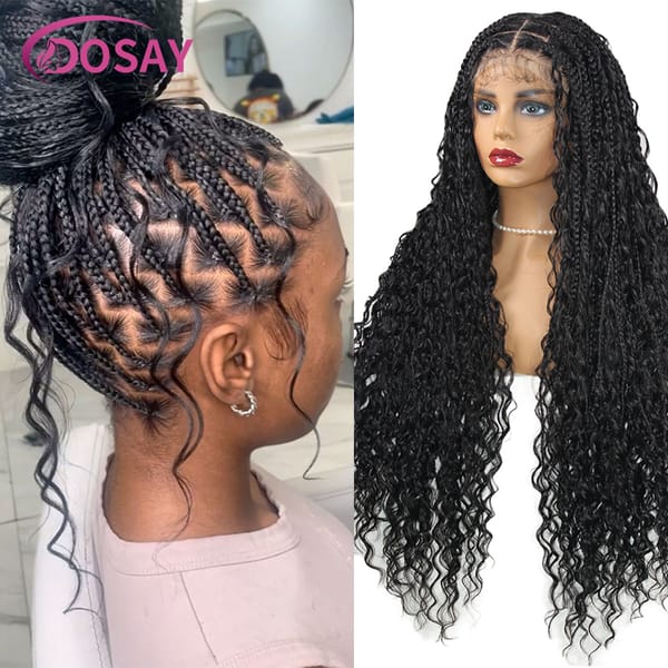 32" Synthetic Wig Full Lace Braided Hair Wigs Boho With Curly Ends Lace Front Wig Curly Wigs Blonde Box Knotless Braids Dosay
