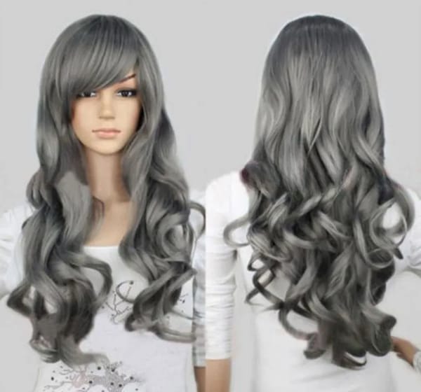 Sexy Long Gray Curls Wave Side Bang Cosplay Synthetic Hair Wig