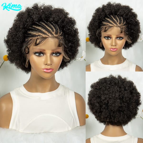 KIMA Short Bob Cornrow Braided Afro Curl Wigs 13x4 Lace Front Wig 8 inch Synthetic Hair Wig for Black Women