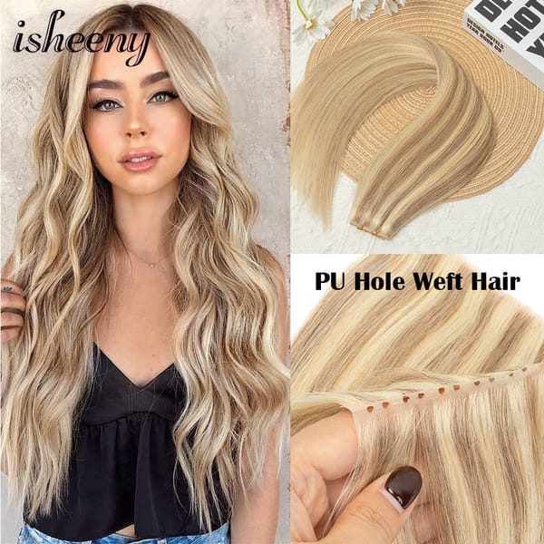 Double Inject XO Hole Weft Human Hair Extensions 16"-24" Invisible Twin Tab Weft Hair Natural Straight Pull Through Micro Hair