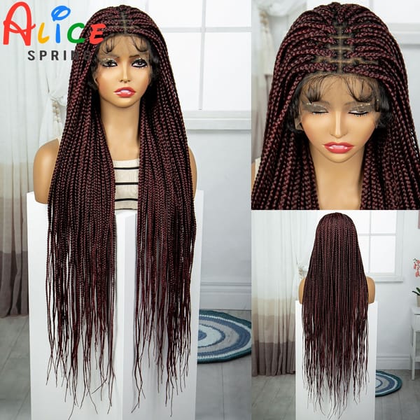 34 Inches 99J Burgundy Synthetic Full Lace Knotless Box Braided Wigs for Black Women Lace Front Braided Lace Wigs with Baby Hair