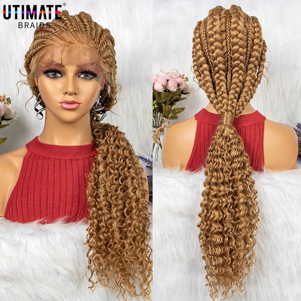 Honey Blonde Synthetic Braided Wigs with Curly Lace Front Braided Ponytail Wig with Baby Hair for Black Women Cornrow Braids Wig