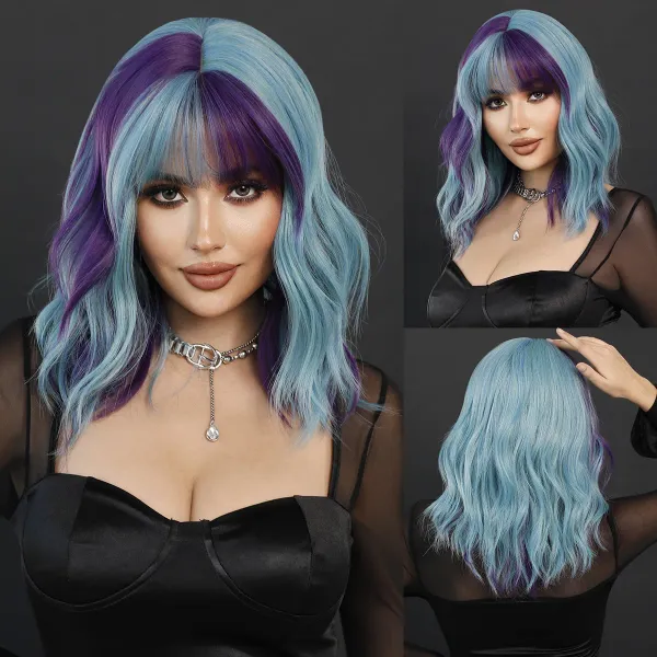 Fashion Cross border Women's Purple Mix Blue Spot Dyed Full Headset Short Curly Hair Shoulder Length Halloween Wigs