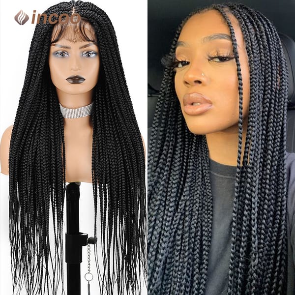 Incoo 36" Long Black Synthetic Wig Knotless Box Braidding Square Braided Wigs Durable Classic Full Lace Front African Hair