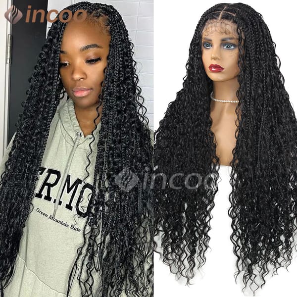 Bohemian Jumbo Braided Wigs Synthetic With Curly ends Box Braid Full Lace Frontal Wigs Goddess Locs Braided Wigs Burgundy Hair