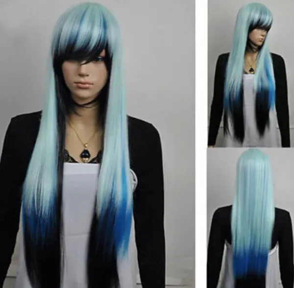 free shipping Sexy Long Blue Mixed Black Straight Heat Resistant Hair Cosplay Costume Wig