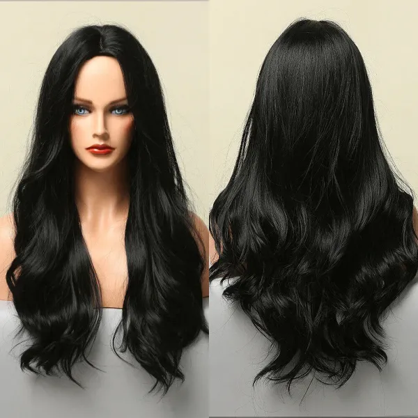 Fashion Long Black Curly Middle Part Heat Resistant Women Daily Cosplay Synthetic Hair Wigs