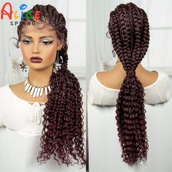 28 Inch Burgundy 99J Synthetic Lace Front Braidig Hair Wig Knotless Braided Wigs With Baby Hair with Curly Ends For Black Women