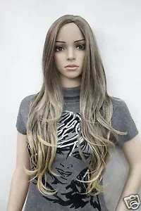 sexy no bangs brown mix long wavy side skin part top synthetic hair women's wig