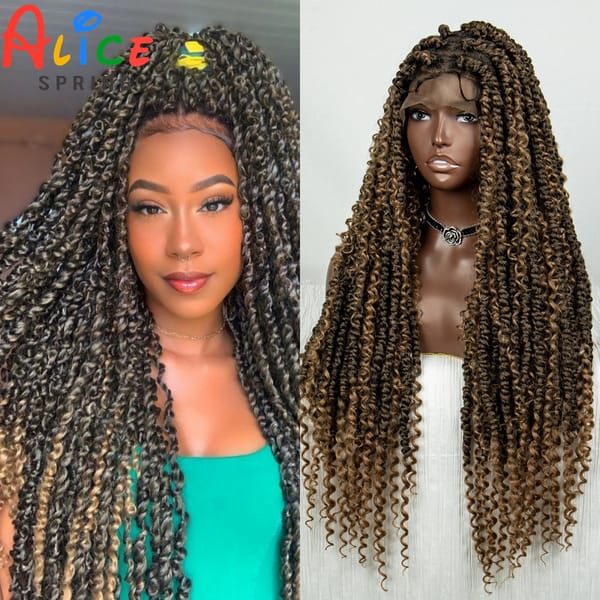 Synthetic Full Lace Braided Wigs Brown Curly Twist Braiding Hair Wig for Women Knotless Box Braids Lace Front Wig with Baby Hair