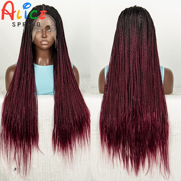 Straight Burgundy Braided Wigs 32 inch Synthetic T Part Lace Frontal Braiding Hair Wig Transparent Knotless Braids Wig for Women