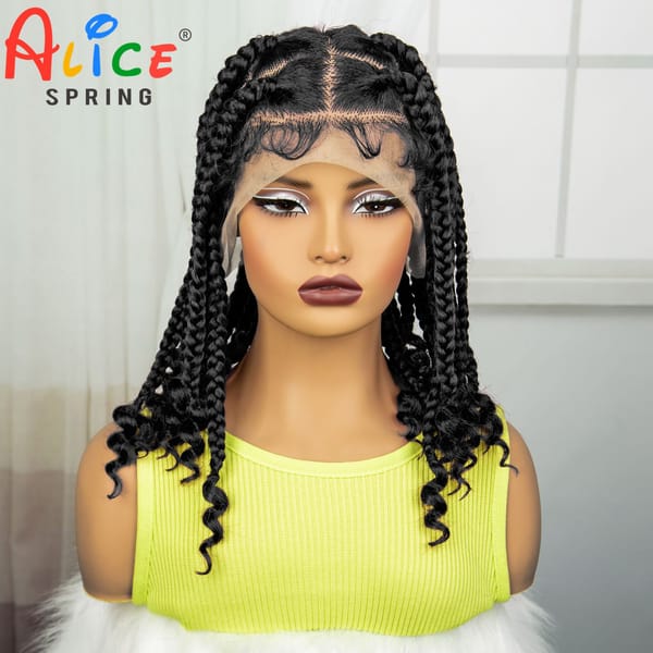 Synthetic Full Lace Braided Wig Knotless Box Braided Lace Wig with Curly Ends Natural Braiding Hair Wig with Baby Hair for Women