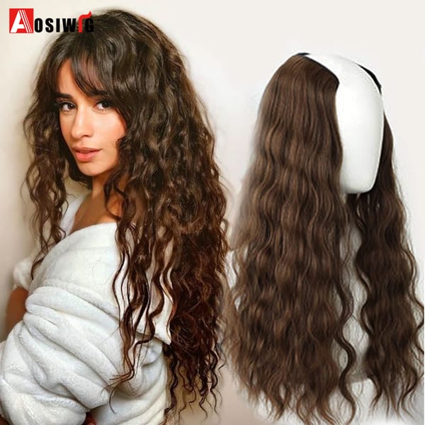 AOSI Synthetic Hair Fake Hair Extensions Clip Hairpiece V-Shaped Half Wig Natural Wavy Extension False Strands On Hairpins Women