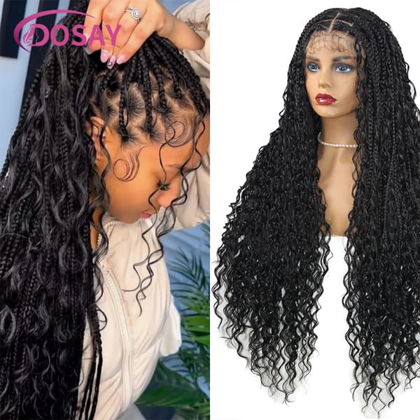 32" Synthetic Braided Wigs Full Lace With Curly Ends Square Knotless Braids  Lace Front Bohemian Curly Hair Dosay Femme Blonde