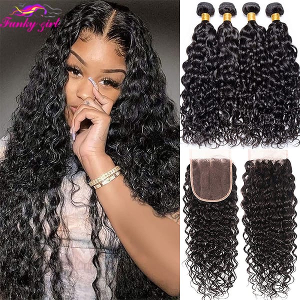 Water Wave Bundles With Closure Brazilian Remy Human Hair Bundles With 4x4 Lace Frontal Closure Curly Wave Human Hair Extensions