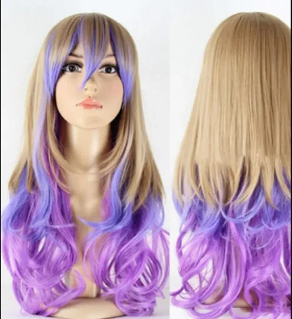 Lolita Lady' Long Purple Mix Brown Curly Glamour Hair Cosplay Costume Party Wig