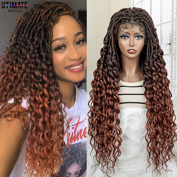 Full Lace Synthetic Knotless Box Braided Wigs for Black Women with Baby Hair 34 Inches Lace Frontal Water Wave Braiding Wigs