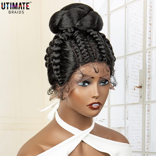 Synthetic Braided Wigs Bun Updo Wig Lace Frontal Wig Cornrow Braiding for Africa American Women with Baby Hair Ponytail Wig