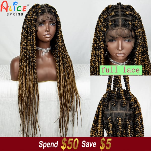 1B/27 Color Full Lace Synthetic Braided Wig Crochet Braid Lace Front Wig Knotless Box Braids Wig with Baby Hair for Black Women