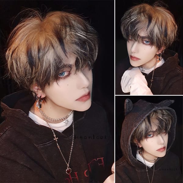 BEAUTYENTER Fashion Men's Short Wig Flax brown Hair Synthetic Wig With Bangs Men Ladies Boys Cosplay Costume Anime Halloween