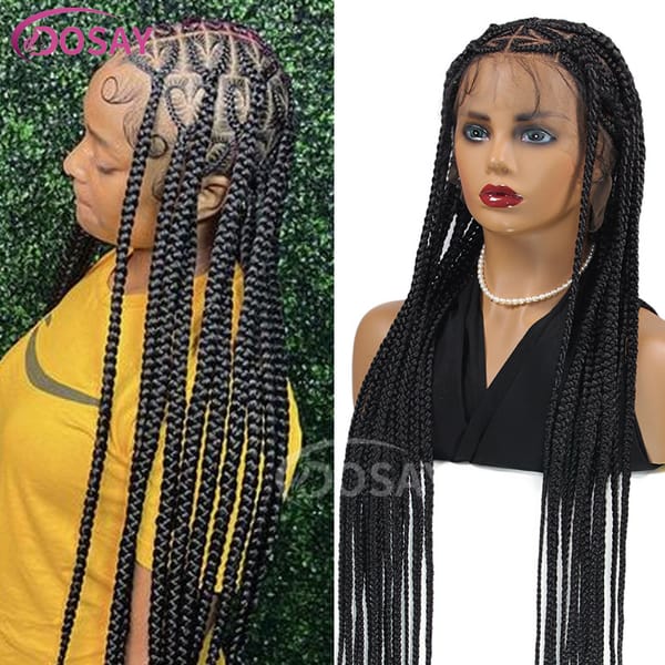 36" Heart Shaped Square Knotless Box Braided Wigs For Women Full Double Lace With Baby Hair Natural Synthetic Braided Lace Wigs