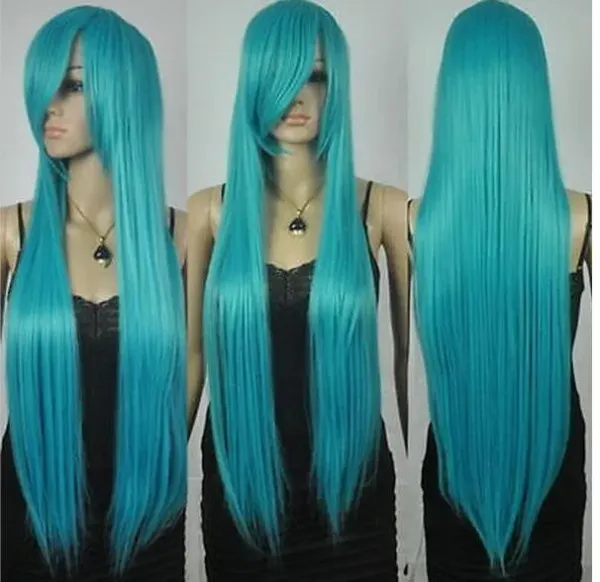FREE SHIPPING New extra 80cm long straight rapunzel tangled dark turquoise blue bangs cosplay hair wigs