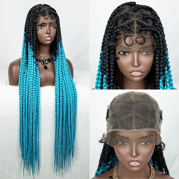 32 Inches Blue Color Straight  Synthetic Full Lace Braided Wigs Knotless Box Braid Lace Wigs with Baby Hair for Black Women