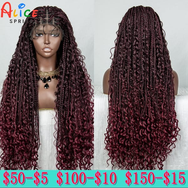 32 Inch 99J Burgundy Synthetic Lace Front Braided Wigs for Black Women Afro Curly Lace Frontal Braided Lace Wigs with Baby Hair