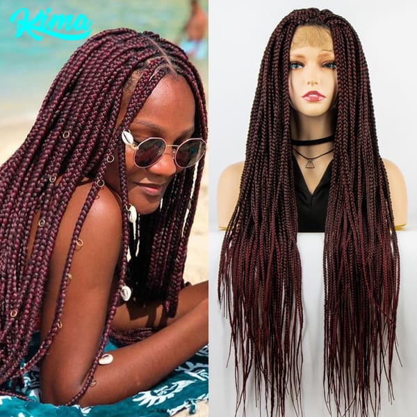 Burgundy Color Synthetic Full Lace Wig Braided Wigs Crochet Box Wig Braid 36 Inches Braiding Hair Knotless Box Braids Wigs