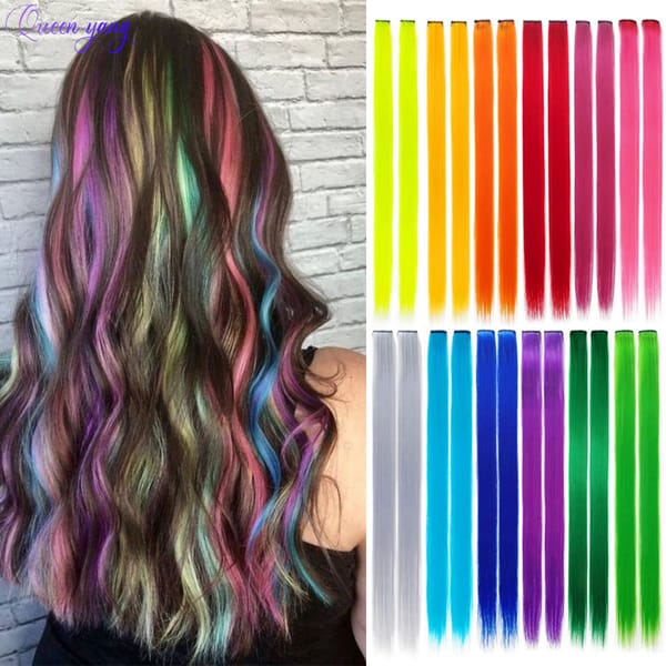 QUEENYANG Synthetic Wig 22 Inch Hair Clips Hair Long Straight Hair Extensions Colored Hair Clips Rainbow Hair