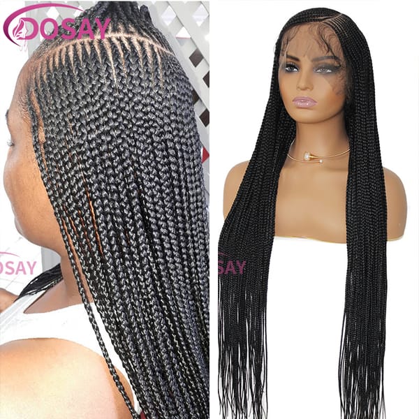 Full Lace Knotless Braided Wig Synthetic Hair Wigs can Side Part High Ponytail Braids Wig Lace Frontal Wigs Pre-pluck Baby Hair