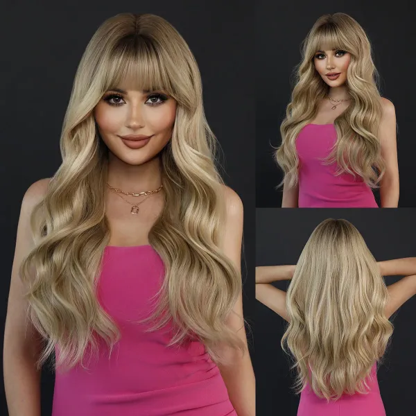 26” Long Omber Milk-tea Blonde Gradient Color Curly Wavy Cosplay Hair Wig for Halloween Christmas Anime Wigs