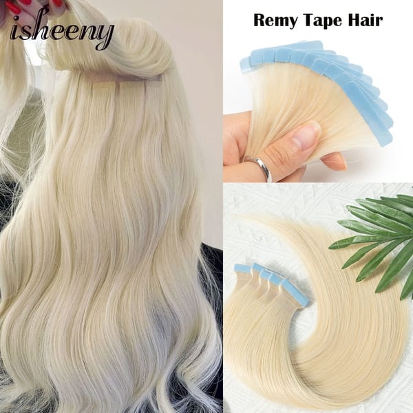Isheeny Blonde Human Hair Tape In Extensions European Natural Hair Extension Skin PU Weft 12"-24" Black Brown Human Hair