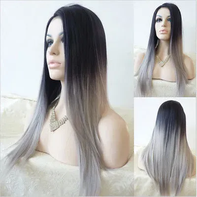 Women's Ombre Long Black Mixed Grey Straight Full Wig Heat Resistant Cosplay Party Hair Wigs