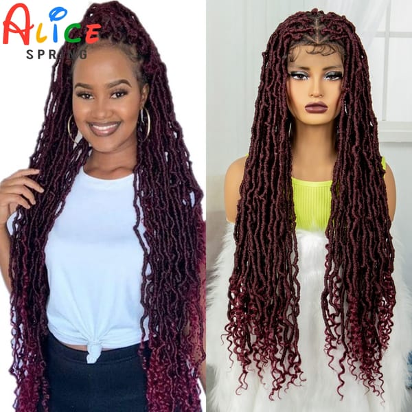 Full Lace Braided Wigs Synthetic Knotless Box Braids Wigs for Black Women Bungundy Dreadlock Braiding Hair Wig with Curly Ends