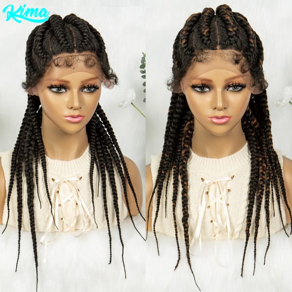 Kima Synthetic Cornrow Braided Haux Wigs Knotless Highlight Brown Ponytail Dutch Braids Wig With Baby Hair for Black Women