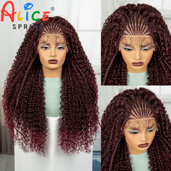 28 Inch 1B-BUG Color Synthetic Braided Wigs Lace Braided Wigs Curly Knotless Box Braids Wigs with Baby Hair for Black Woman