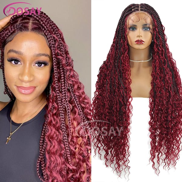 long 32 Inch Boho Box Braid Wigs Curly Ends Square Part Bohemia Braided Full Lace Front Wigs Baby Hair For Women Box Braided Wig