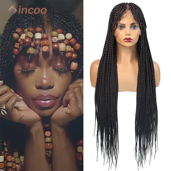 32" Black Synthetic Wig Braid Front Bangs Lace Front Wig Incoo Durable Hair Knotless Box Braids Braided Wigs For Black Women